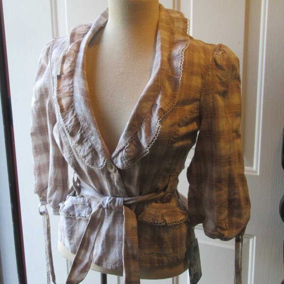 NWT Tan and White Plaid Ruffled Peplum Belted Jacket by Jolt Size M - Picture 5 of 15
